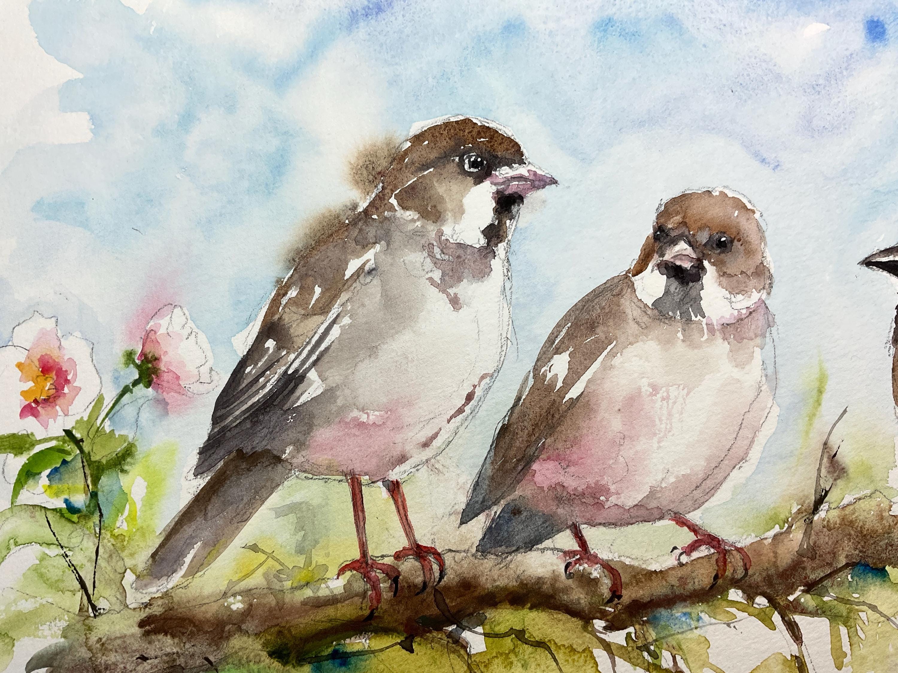 スズメのオリジナル水彩画、枝にとまる鳥の壁飾り、子供部屋の装飾