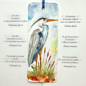 Gray heron bookmark, heron illustration bookmark in original watercolor painting, art gift for bird fan reader, beautiful gray marsh bird