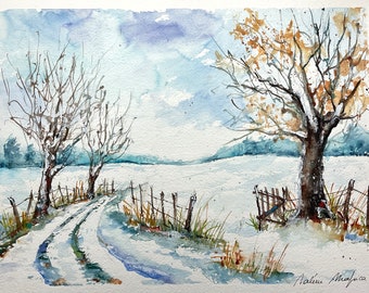 Original painting of countryside landscape under the snow, watercolor painting of a path under the trees in winter, tranquility and silence