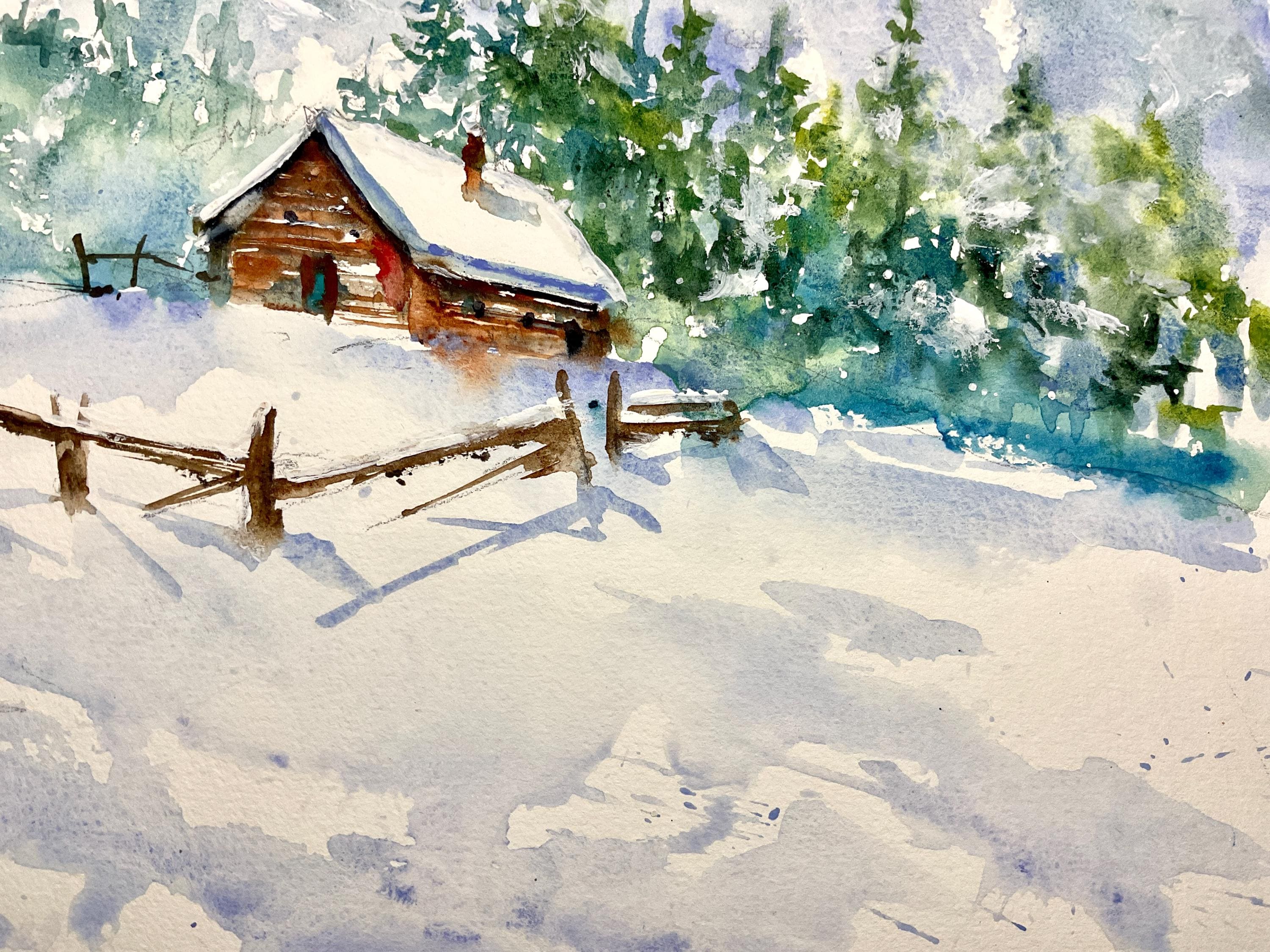 冬の山岳風景、雪に覆われた丘のオリジナル水彩画、雪景色、アルプスの