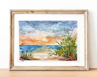 海の夕日の絵画、華やかでロマンチックな海の夕日、白熱した空の