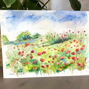 Paisaje de campos de amapolas, acuarela original de amapolas, naturaleza en verano, prados de flores y montones de paja, arte de amapolas imagen 10