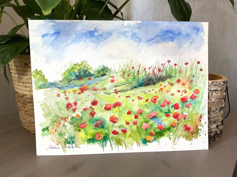 Paisaje de campos de amapolas, acuarela original de amapolas, naturaleza en verano, prados de flores y montones de paja, arte de amapolas imagen 10