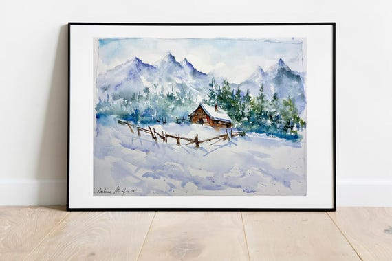 冬の山岳風景、雪に覆われた丘のオリジナル水彩画、雪景色、アルプスの