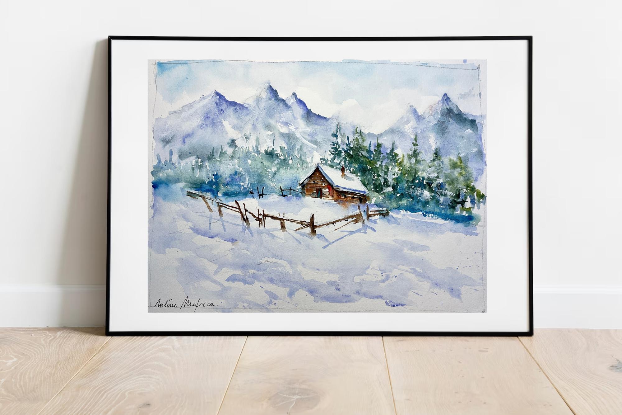 冬の山岳風景、雪に覆われた丘のオリジナル水彩画、雪景色、アルプスの