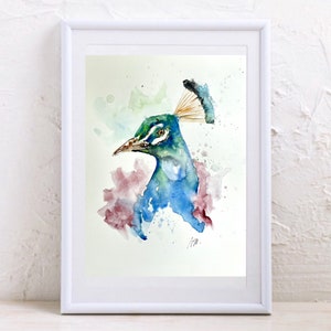 Original peacock watercolor, peacock painting for decoration, unique wall art of a majestic peacock portrait, mythical and royal bird