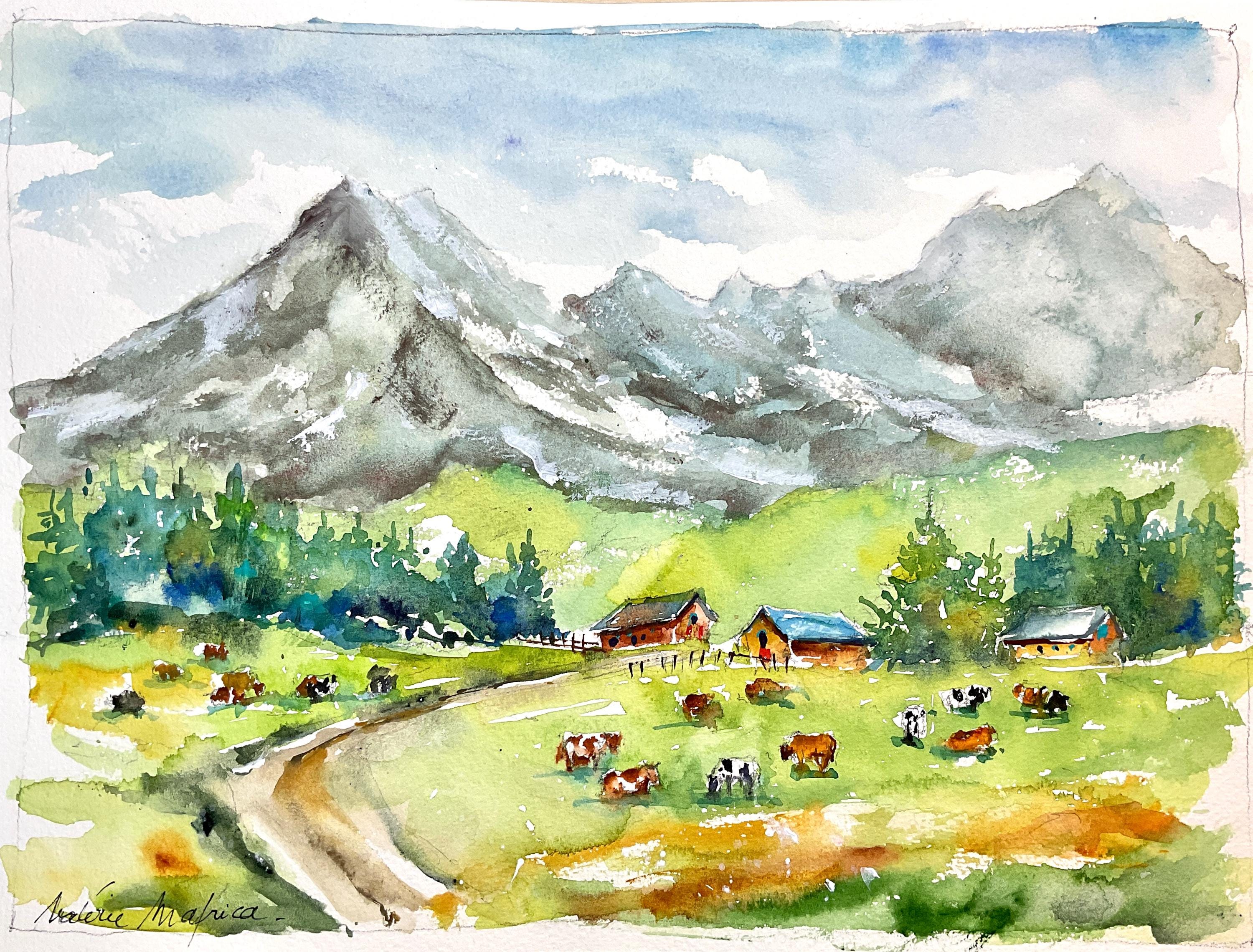 夏の山のオリジナル水彩画、山岳風景画、アルプスの水彩画、アラビス