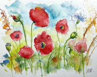 The dance of the poppies, a few red poppies wiggle in the summer wind... An original watercolor painting for a red bouquet