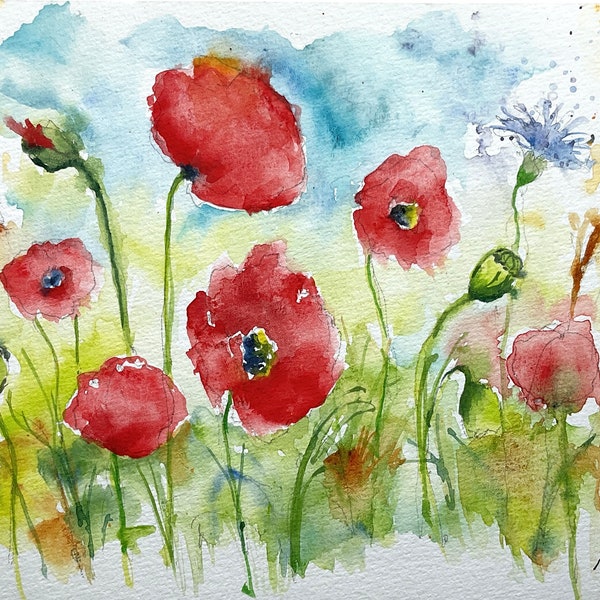 Peinture aquarelle de coquelicots, art original de fleurs de pavot rouge dans les champs, aquarelle vivante et légère de fleurs sauvages