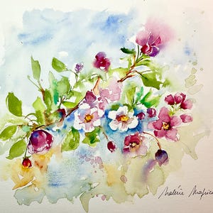 Acquerello di fiori di melo in primavera, dipinto originale di un mazzo di fiori rosa, simbolo di rinascita, frutteto in fiore