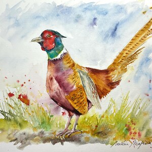 Common pheasant original painting, hunting watercolor painting, woodland and countryside wild bird wall art, beautiful plumage and feathers
