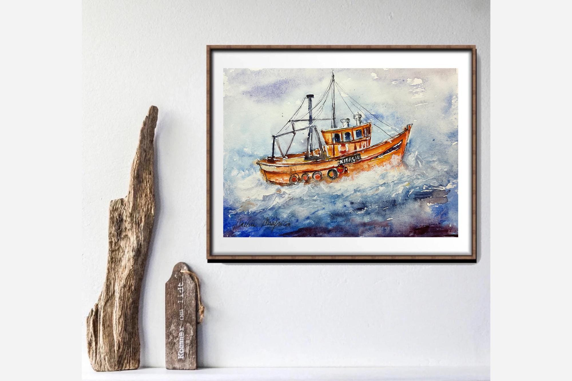 水彩画 船の風景 海外限定】 水彩画 港の風景 2022年 作成 絵画 - 絵画