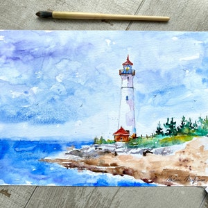 Original lighthouse watercolor, Crisp Point Michigan lighthouse on Lake Superior, original watercolor seascape, lighthouse painting artwork image 5