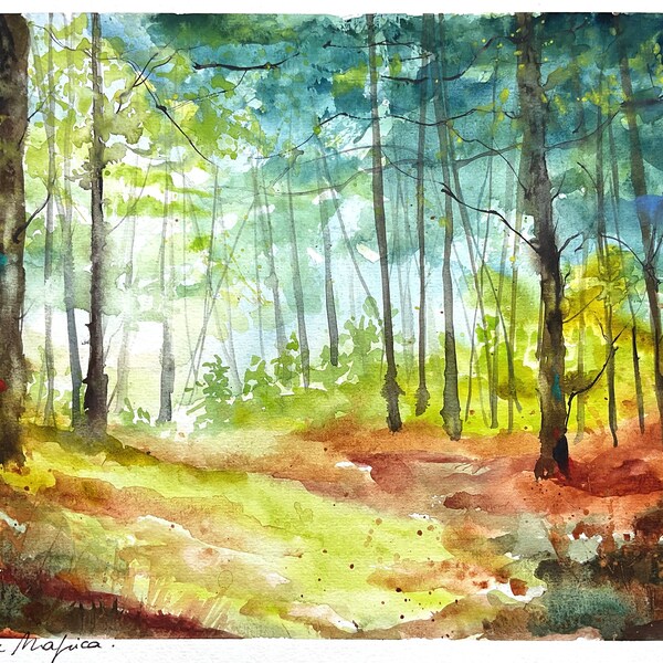 Peinture de forêt en aquarelle originale, paysage de sous-bois, tableau d’arbres et de nature, tons verts bleus et marrons