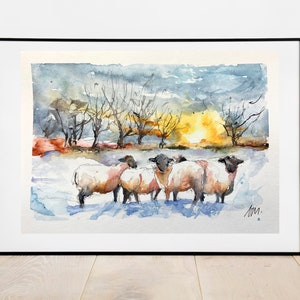 Peinture aquarelle de moutons, paysage de troupeau dans la campagne, peinture originale de moutons dans les prés au couchant, art mural image 9