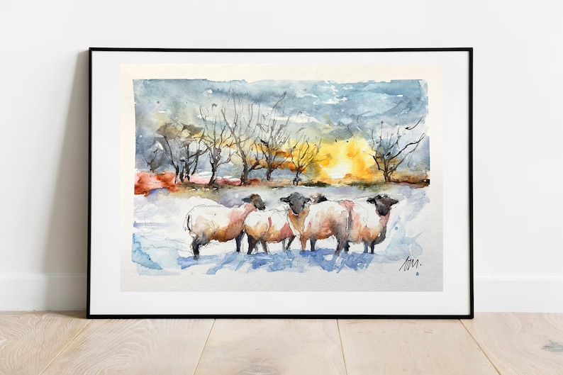 Peinture aquarelle de moutons, paysage de troupeau dans la campagne, peinture originale de moutons dans les prés au couchant, art mural image 9