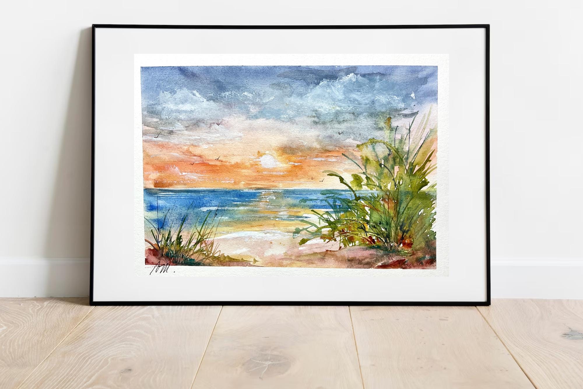 海の夕日の絵画、華やかでロマンチックな海の夕日、白熱した空の