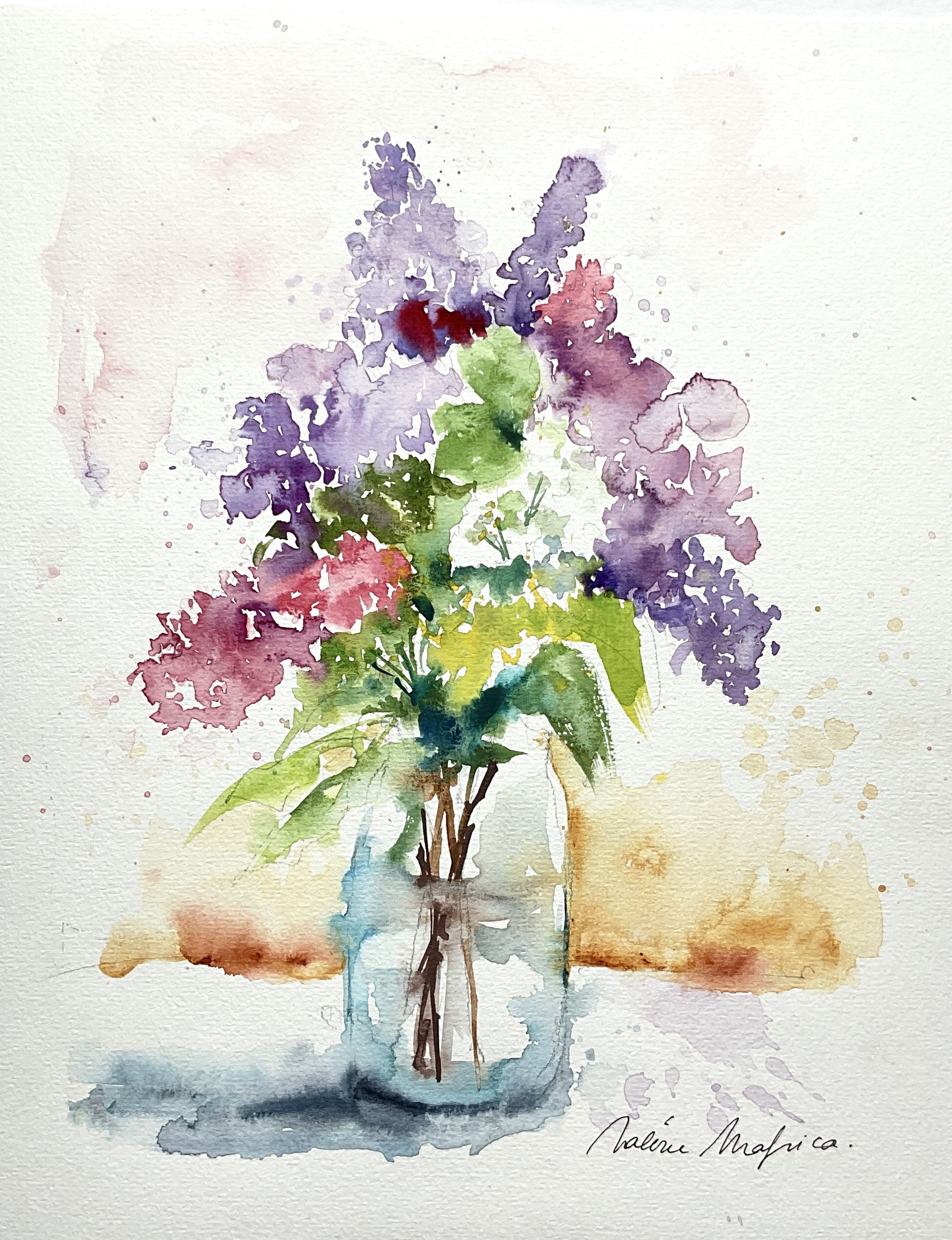 ライラックの花の絵画、庭からの藤色のライラックの花束のオリジナルの