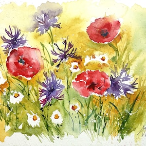 Papaveri e fiordalisi in acquerello originale, la danza dei fiori selvatici nei campi in estate, papaveri rossi e fiordalisi unici