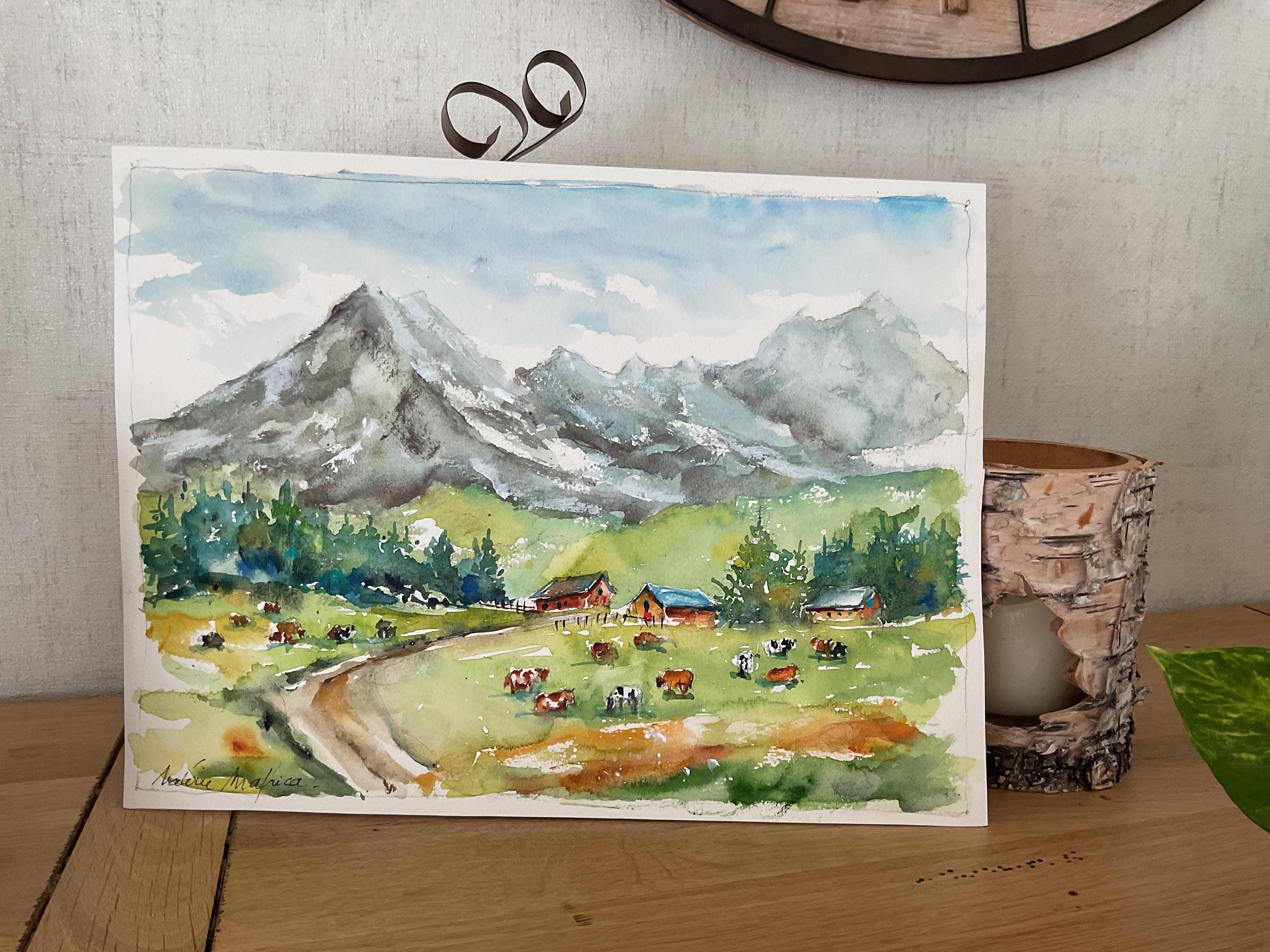 夏の山のオリジナル水彩画、山岳風景画、アルプスの水彩画、アラビス