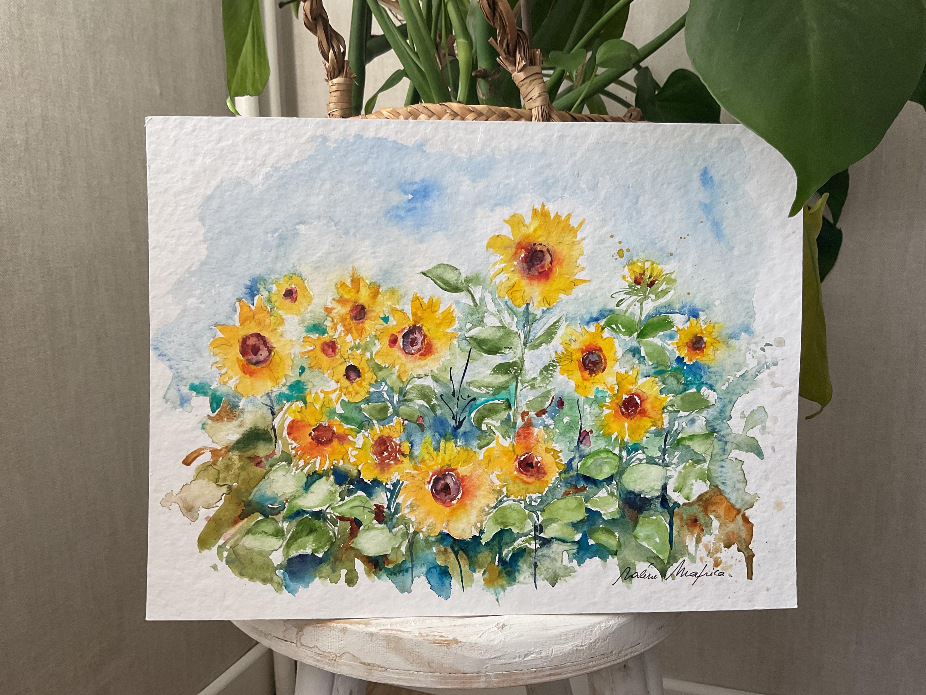 ひまわり畑の水彩画、ひまわりの原画、田舎の夏の花畑、典型的な