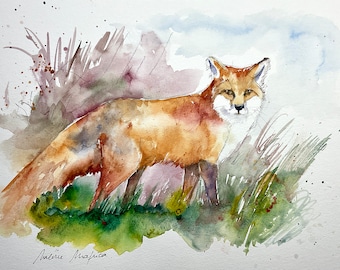 Red fox painting in original watercolor, wild forest animal wall art, deco for home or kid room, fox lover gift, wildlife artwork