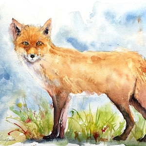 Red fox painting in original watercolor, wild forest animal wall art, deco for home or kid room, fox lover gift, wildlife artwork