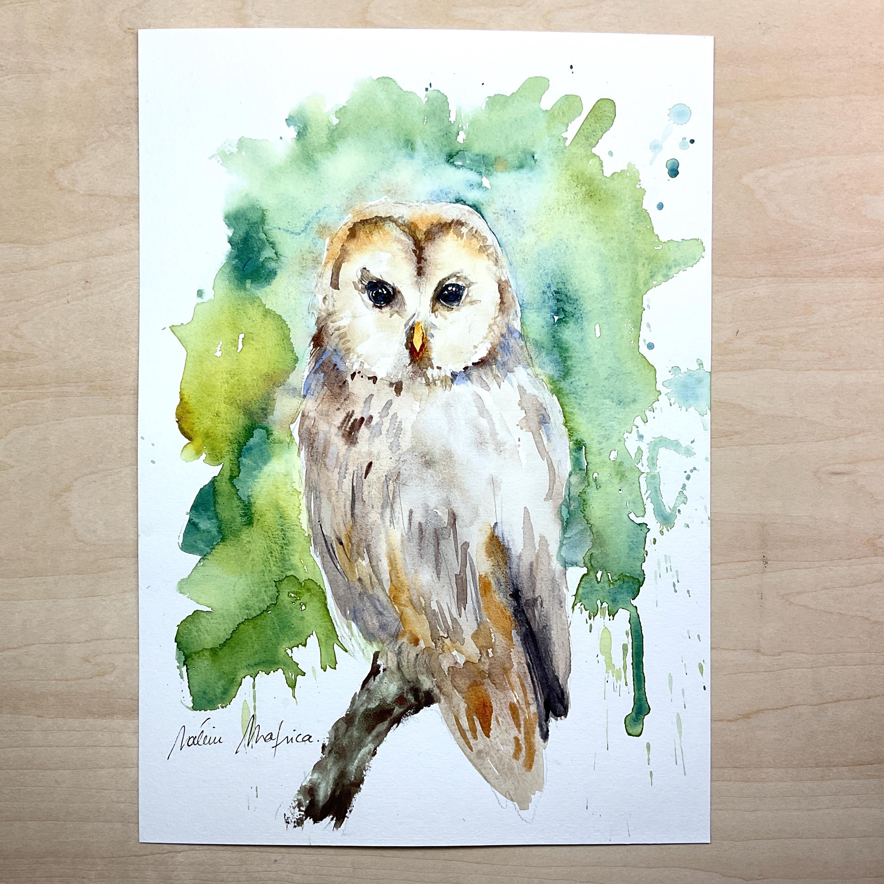 水彩フクロウ、オリジナルのフクロウの絵画、フクロウの装飾、フクロウ