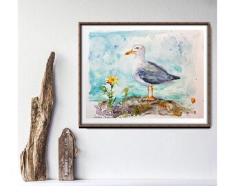 オリジナルの水彩画のカモメ、カモメの絵画、海洋をテーマにした