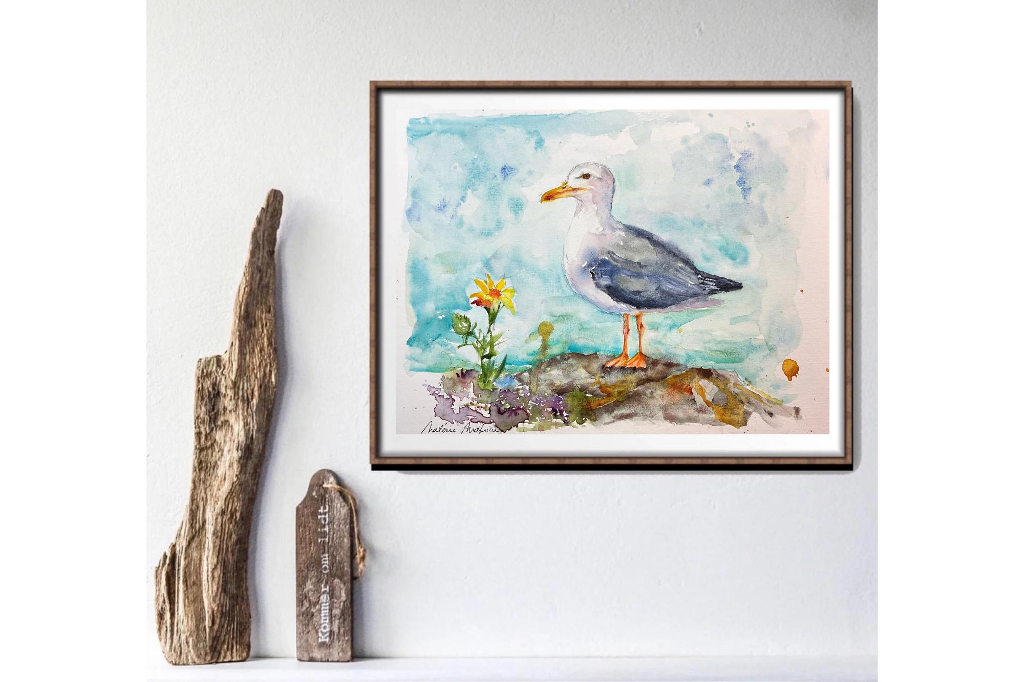 オリジナルの水彩画のカモメ、カモメの絵画、海洋をテーマにした