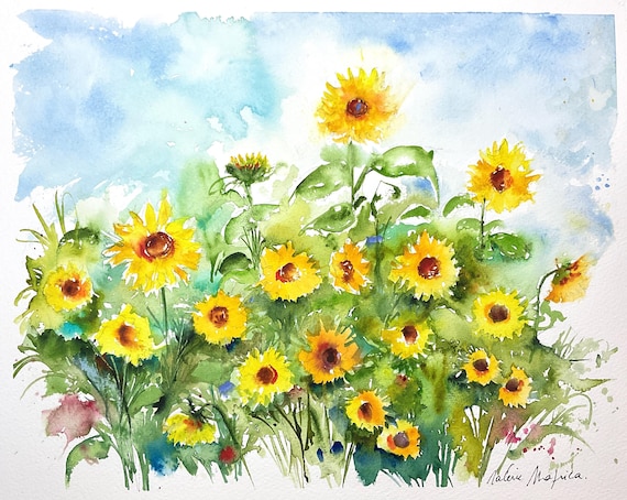 ひまわり畑の水彩画、ひまわりの原画、田舎の夏の花畑、典型的な