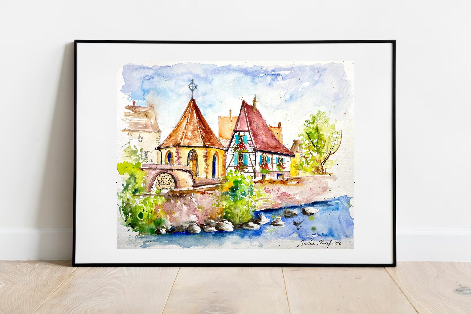 水彩画 フランス リクヴィール 路地裏 額付き 水彩画 フランス リクヴィール 路地裏 額付き