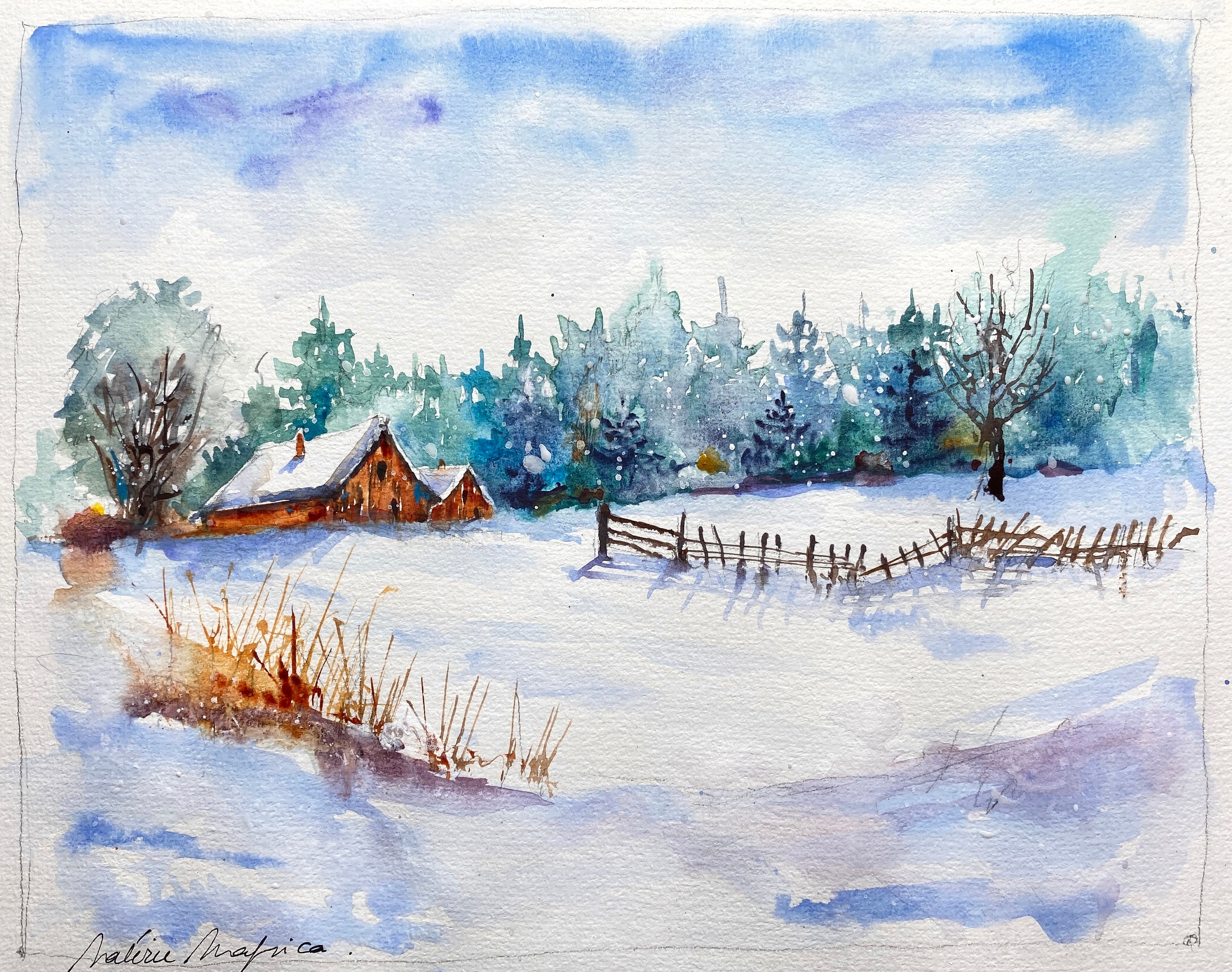 冬の風景 水彩画27cm25cm オリジナルの水彩画に描かれた雪の下の納屋、冬の田舎の風景、白い冬の