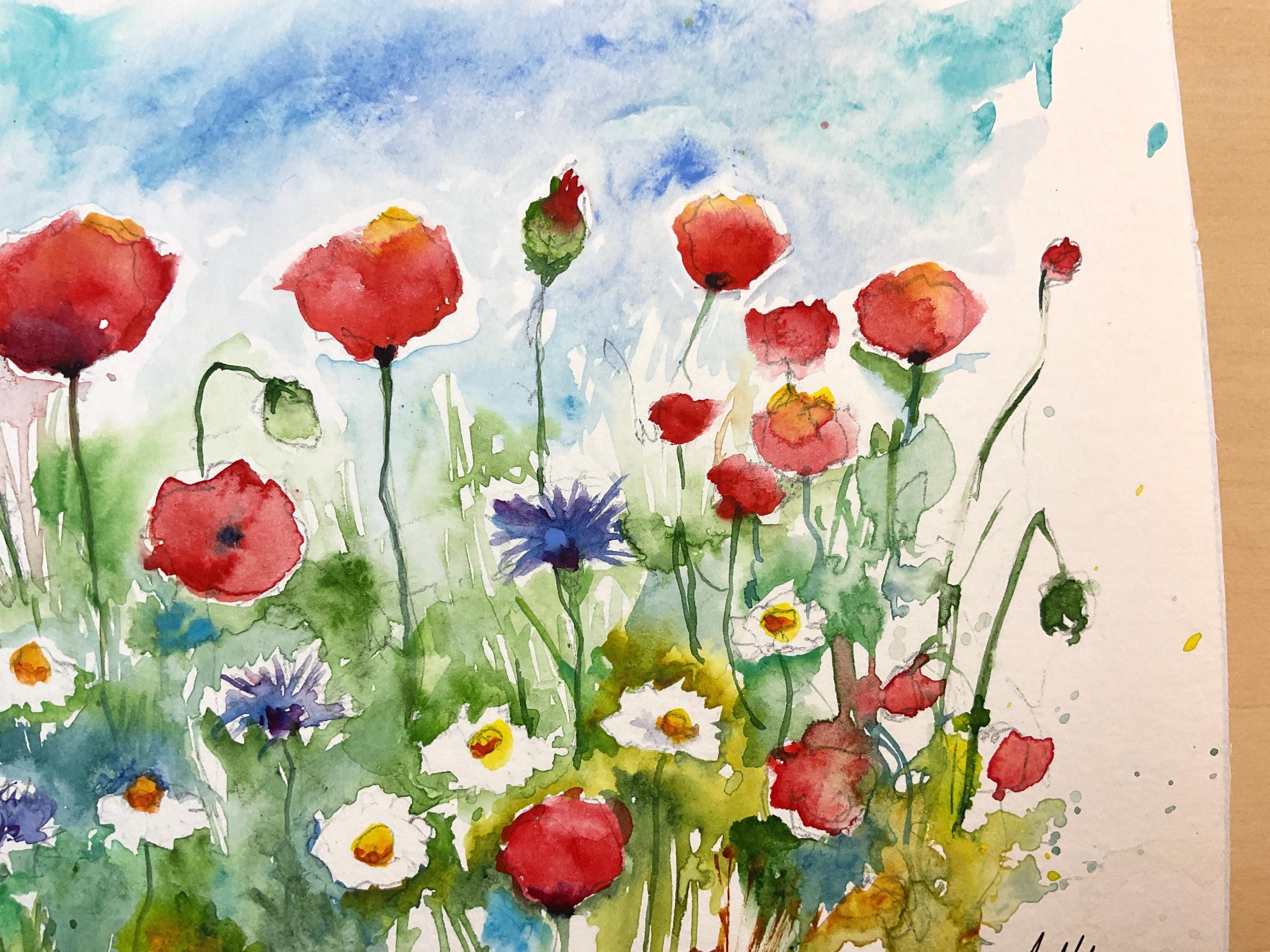 額付き‼️ 油絵 紺野八郎 「 水差しのポピー」 ポピーの水彩画、野原の赤いポピーの花のオリジナルアート、野生の花の