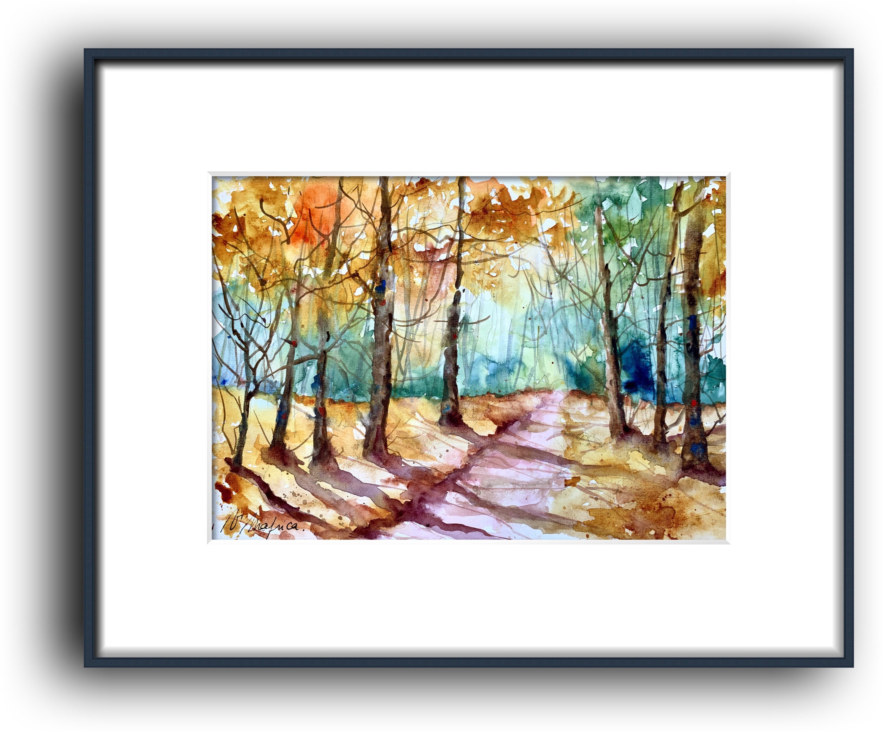 秋の森の風景画、森の小道のオリジナル水彩画、小春日和のカラフルな