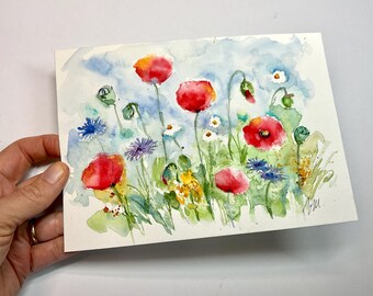 ポピーの水彩画、野原の赤いポピーの花のオリジナルアート、野生の花の