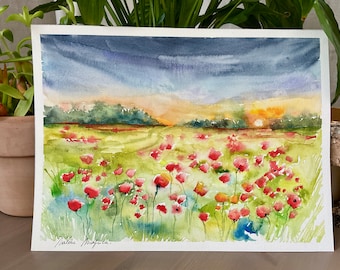 ポピーの草原の風景、水彩画のポピー畑、オリジナルの赤い花の壁画