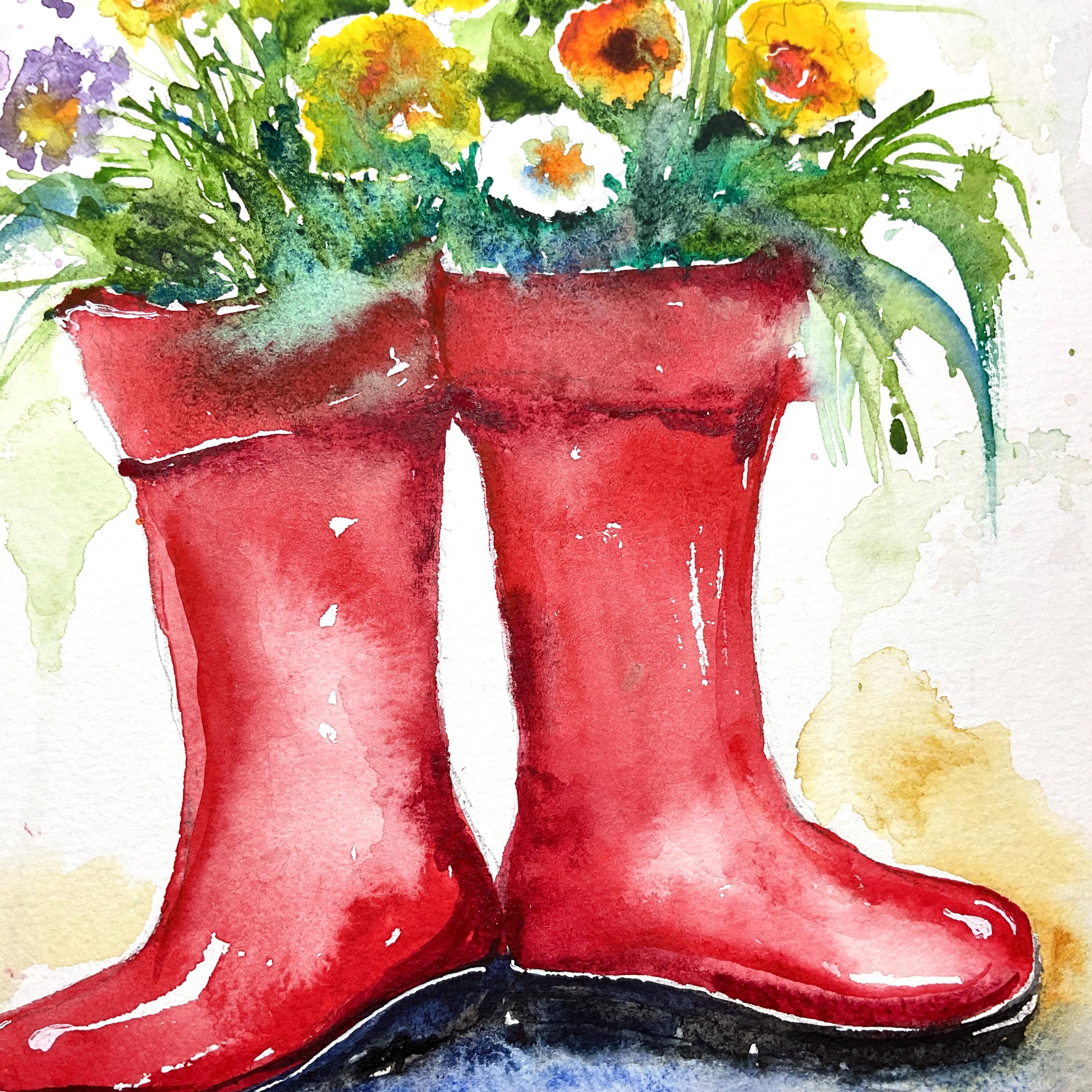 Painting of a Pair of Red Rubber Boots, Original Watercolor