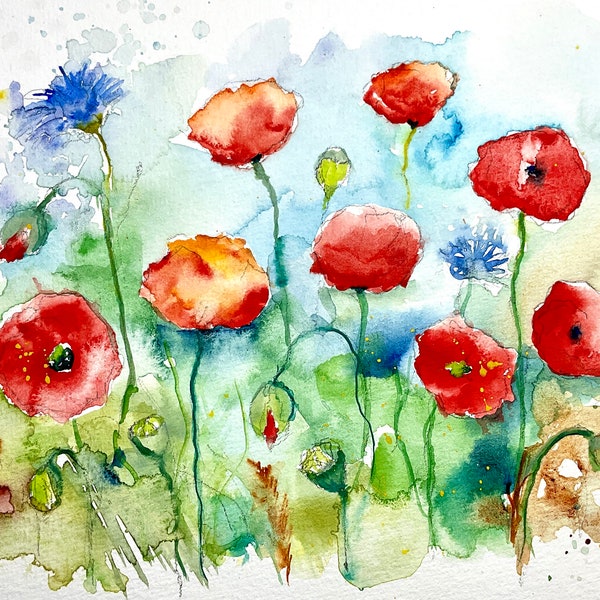 Peinture aquarelle de coquelicots, art original de fleurs de pavot rouge dans les champs, aquarelle vivante et légère de fleurs sauvages