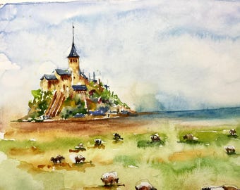 水彩画で描かれたモン・サン・ミシェル、羊のいるノルマンディーのモン