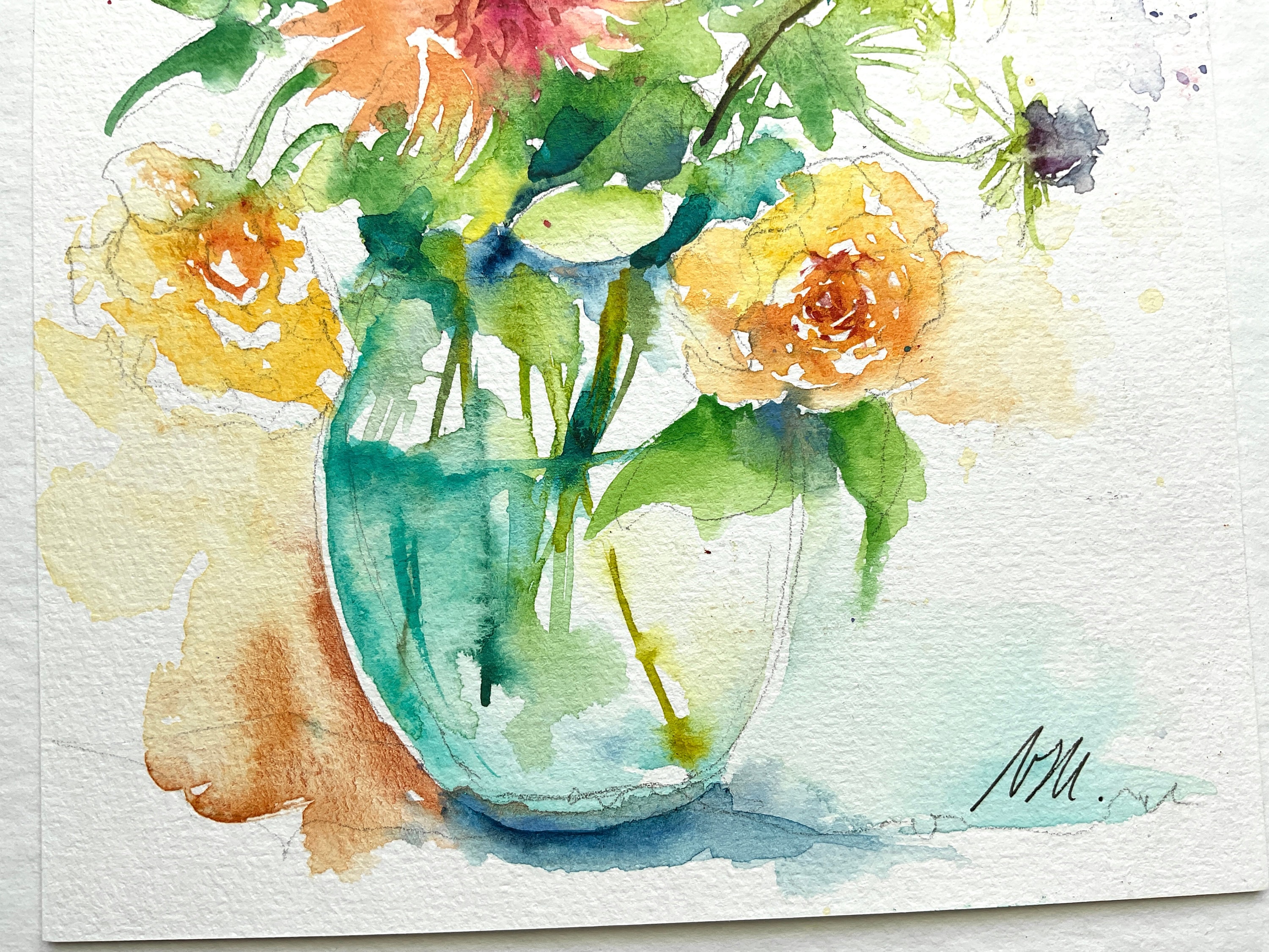 水彩画の花束、花瓶に描かれた庭の花の絵、色とりどりの花束、女性への