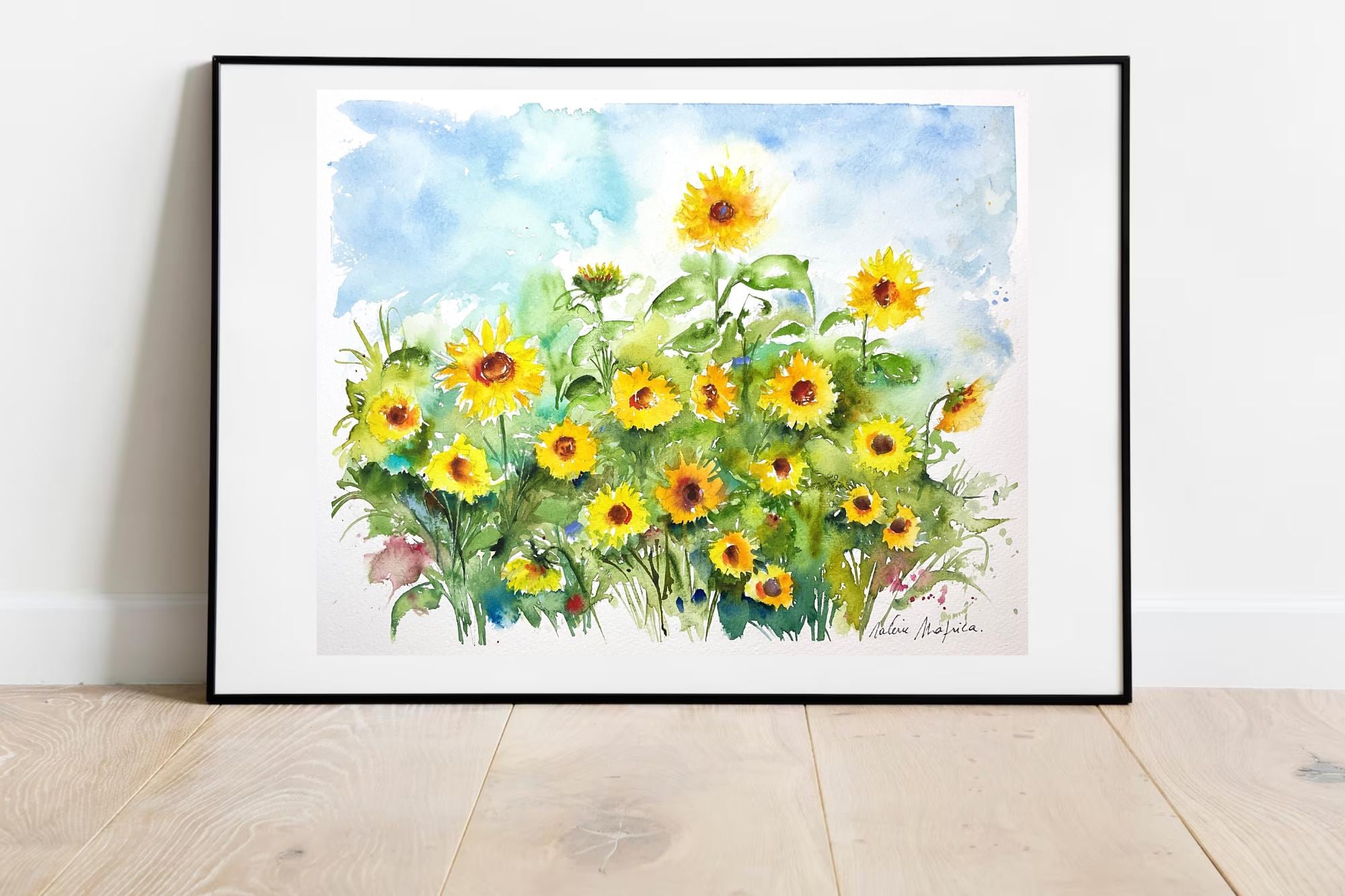 ひまわり畑の水彩画、ひまわりの原画、田舎の夏の花畑、典型的な