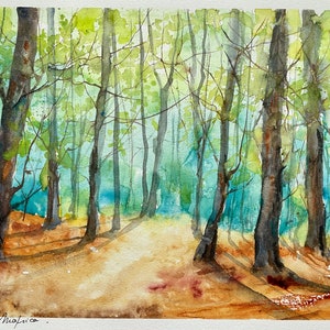 Origineel aquarel bosschilderij, ondergroeilandschap, boom- en natuurschilderij, groene, blauwe en bruine tinten