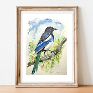 Une pie à l’aquarelle en peinture originale, art pictural sur le thème des oiseaux, pie voleuse des jardins et forêts, art décoratif cadeau