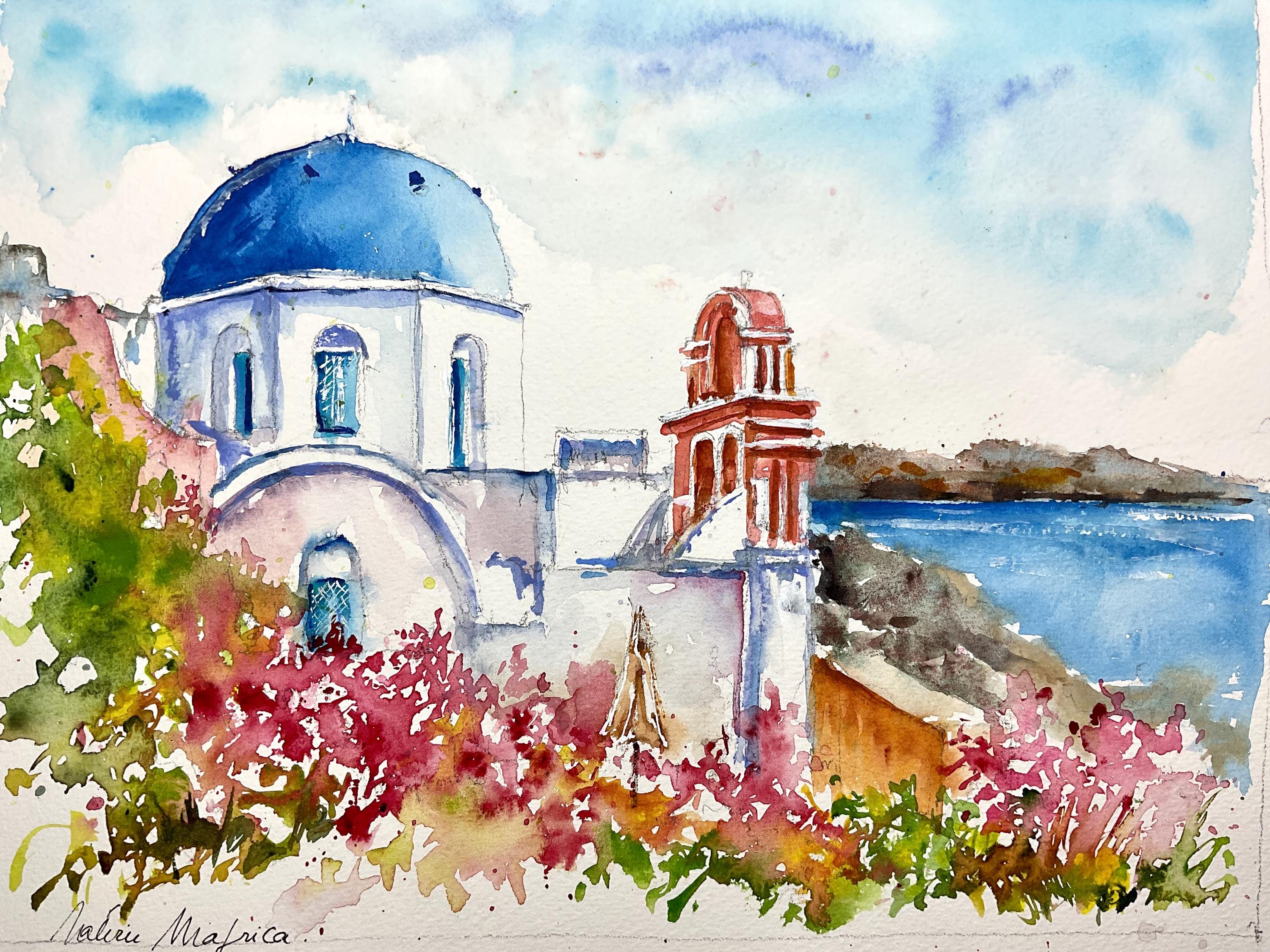 ギリシャのサントリーニ島の典型的な風景画。青いドームを描いた