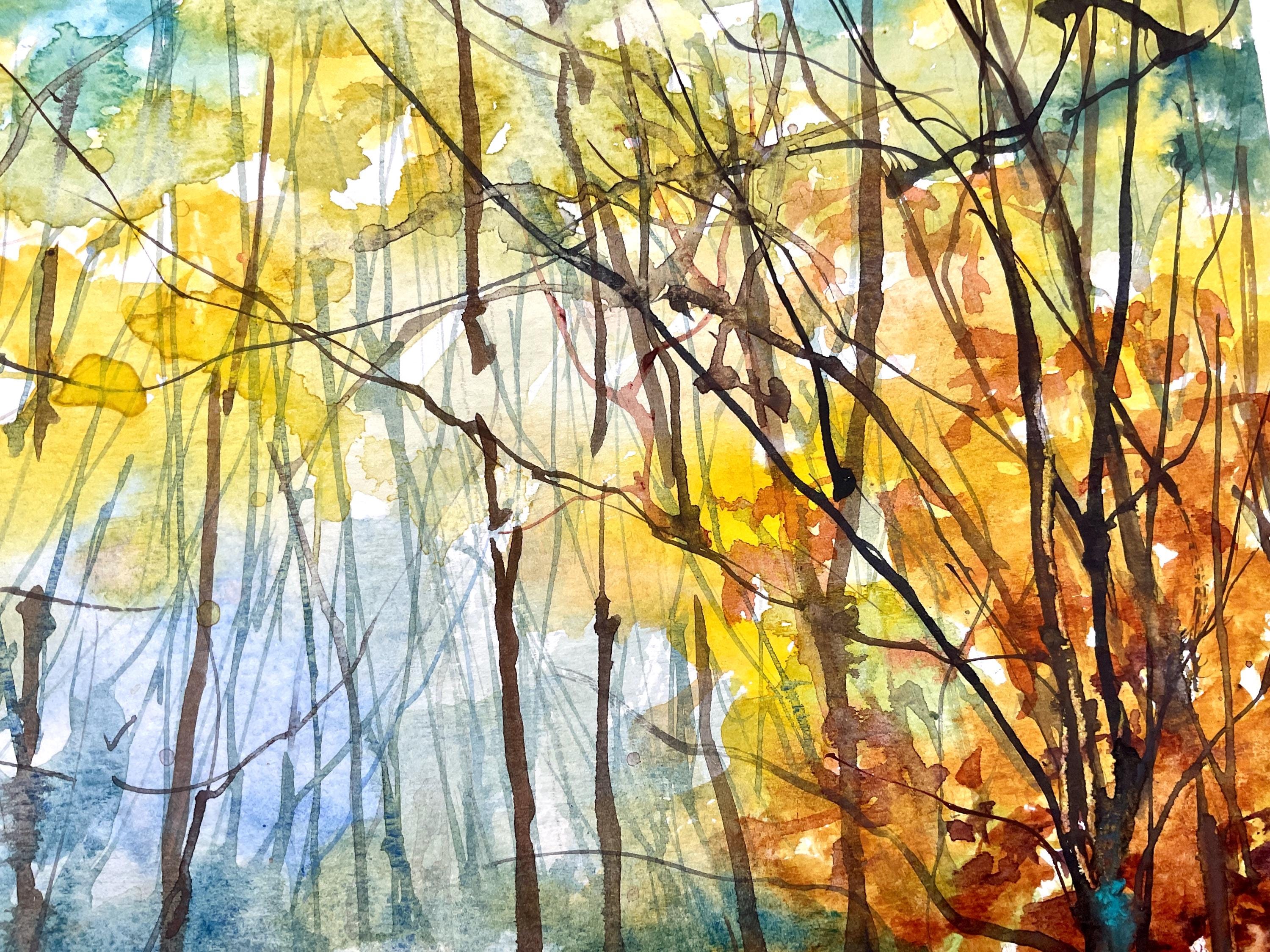 オリジナルの水彩画：森の中、森の風景、秋のハイキングコースの絵画