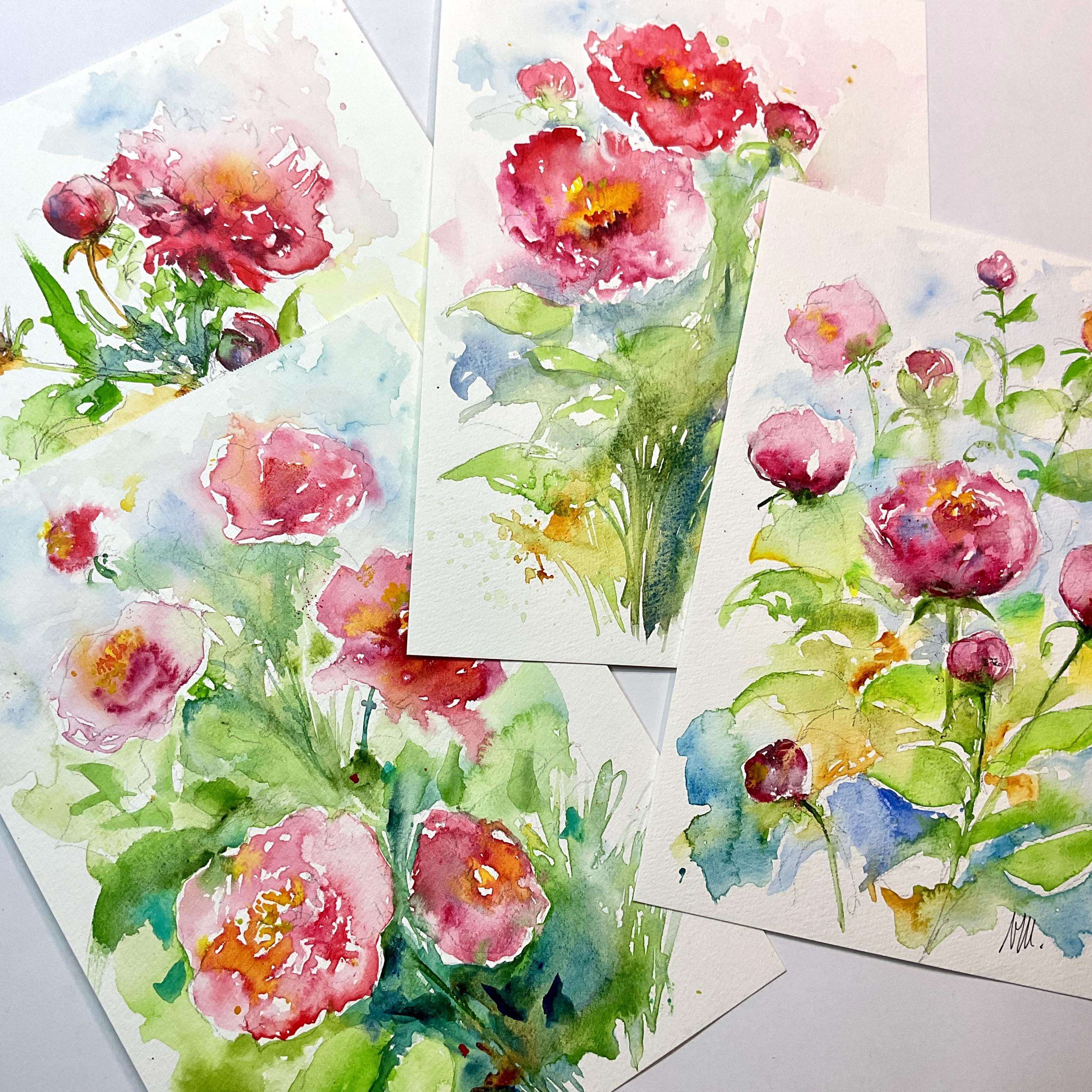 ピンクの牡丹と庭の花のオリジナル水彩画、色とりどりの花のオリジナル