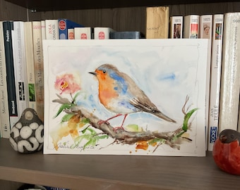 Robin original watercolor bird, garden robin, original robin painting, nursery bird decor, sweet bird deco for home, gift for bird lover