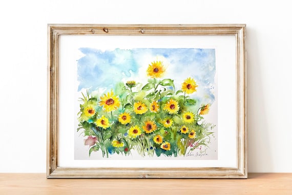ひまわり畑の水彩画、ひまわりの原画、田舎の夏の花畑、典型的な