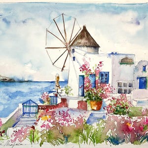 Dipinto del mulino a vento di Santorini in Grecia, acquerello originale del villaggio di Oia su un'isola greca delle Cicladi nel Mar Egeo
